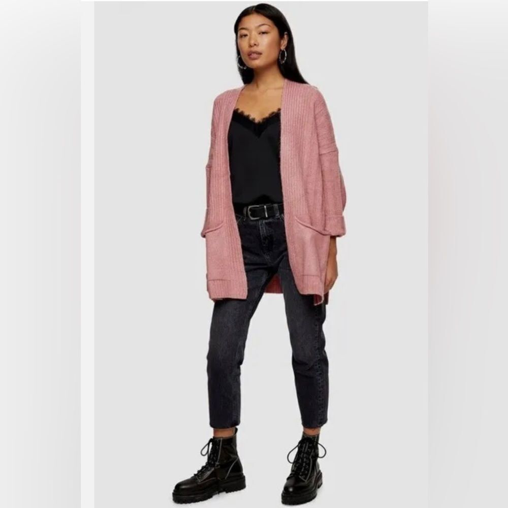 NEW Top-shop Antique Pink Longline Knit Open Front Pocket Sweater Cardigan L